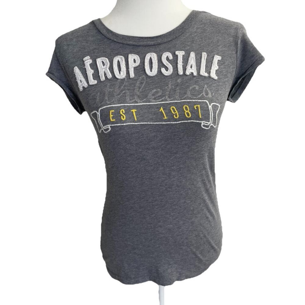 Aeropostale Y2K 2000s  Embroidered Spell Out Shirt Fitted Gray Sz M VTG